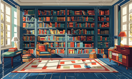 A flat vector of a library interior with bookshelves.