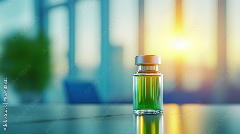 Serene Vaccine Vial: Tranquil Close-Up with Soft Colors and Ethereal Ambiance on Clinic Table Serene Vaccine Vial: Tranquil Close-Up with Soft Colors and Ethereal Ambiance on Clinic Table