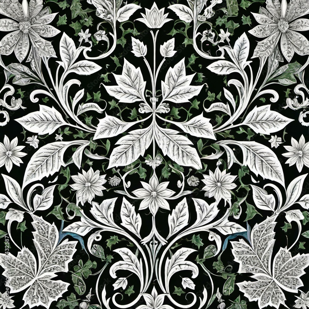A classic floral pattern on a simple black and white background A classic floral pattern on a simple black and white background