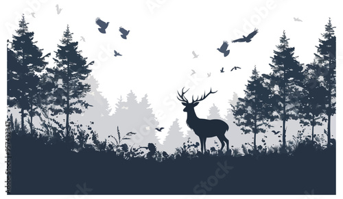 Silhouette vector of a forest with deer and birds.