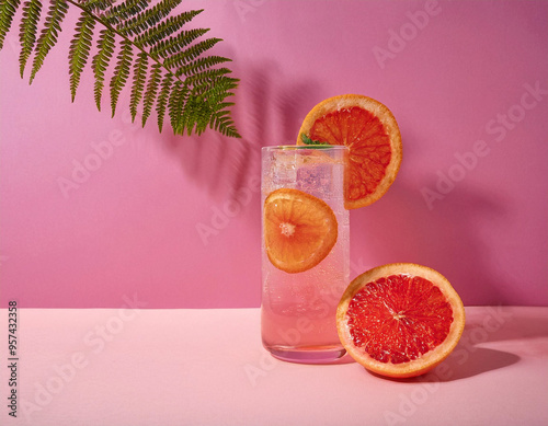 Vibrant Grapefruit Paloma: A Refreshing Summer Drink on Pink Background photo