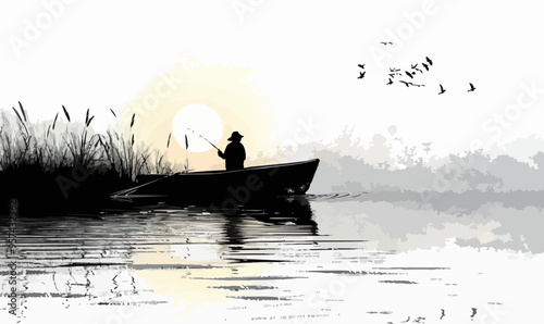 Silhouette vector of a fisherman on a boat.