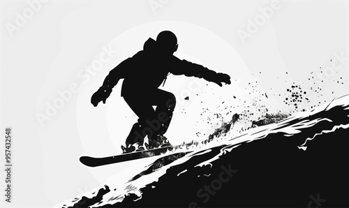 A silhouette vector of a person snowboarding.