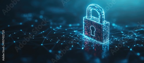 Cybersecurity and digital data protection theme featuring a small padlock with binary polygon interconnects on a dark blue background photo