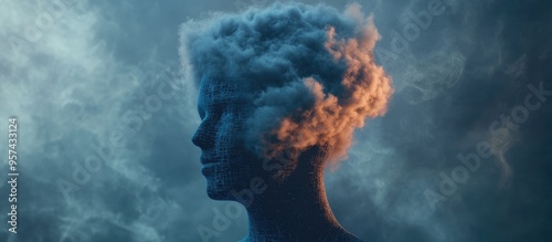 A person s head obscured by a dark cloud labeled with AI terminology