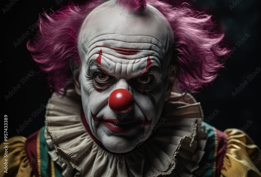 Portrait of a creepy scary clown with disturbing expression and pink purple hair against black background Portrait of a creepy scary clown with disturbing expression and pink purple hair against black background