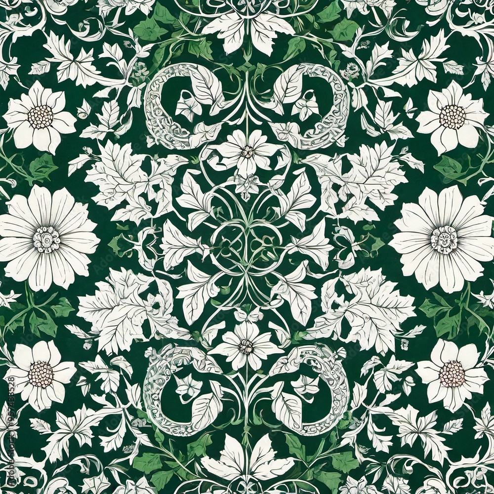 A beautiful floral pattern with green and white elements A beautiful floral pattern with green and white elements