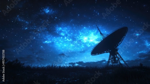 Night sky illuminated by blue hues with an antenna silhouetted against the backdrop