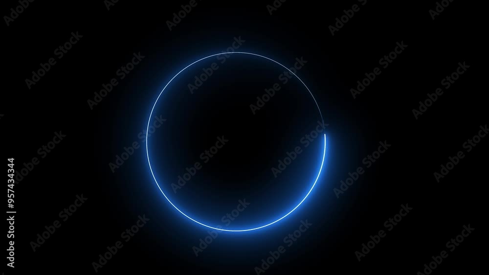 Blue color Neon glowing circle frame. Circle bar processing. Neon abstract circle frame line on black background. Blue color Neon glowing circle frame. Circle bar processing. Neon abstract circle frame line on black background.