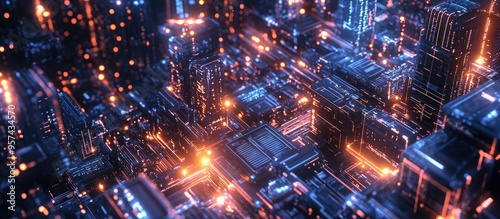 Bustling Futuristic City Featuring Glowing High Speed Wireless Technology 3D Render Focused on Tech Innovations