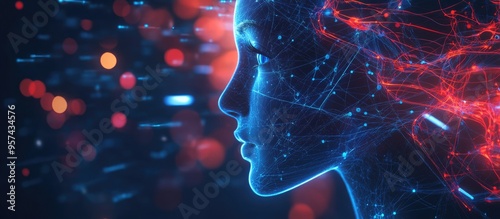 Artistic abstraction featuring the silhouette of a human face intertwined with technology symbols exploring themes of computer science artificial intelligence and communication photo