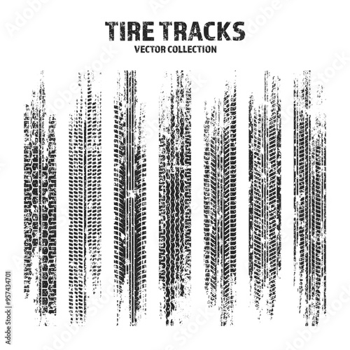 Grunge tire tracks, wheel braking marks. Truck, car or motorcycle tread pattern silhouettes. Auto race, motorsport, speed racing design element. Vector illustration