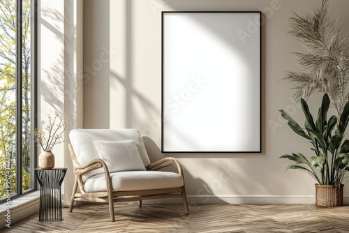 Poster Frame in Beige minimalist living room interior created with generative AI