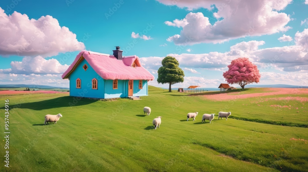 Obraz premium A Herd of Sheep Grazing on a Lush Green Field