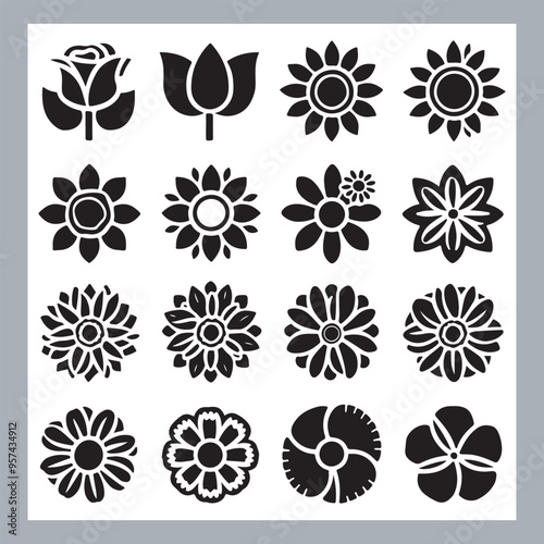 Set of logotype icons flowers Rose, Tulip, Orchid, Sunflower, Lily, Daisy, Daffodil, Jasmine, Lavender, Marigold, Peony, Chrysanthemum, Hibiscus, Poppy, Violet silhouettes in white background