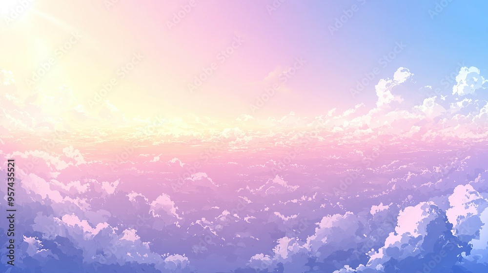 The image features a vibrant mix of pink and blue skies, adorned with fluffy clouds and illuminated by the warm rays of the sun The image features a vibrant mix of pink and blue skies, adorned with fluffy clouds and illuminated by the warm rays of the sun