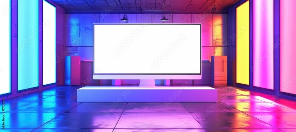 Futuristic office with a blank white screen, perfect for adding your own design Futuristic office with a blank white screen, perfect for adding your own design