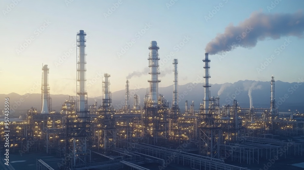 Vertical panorama of an oil refinery at an industrial site showcasing crude oil production activities and tank storage facilities Vertical panorama of an oil refinery at an industrial site showcasing crude oil production activities and tank storage facilities