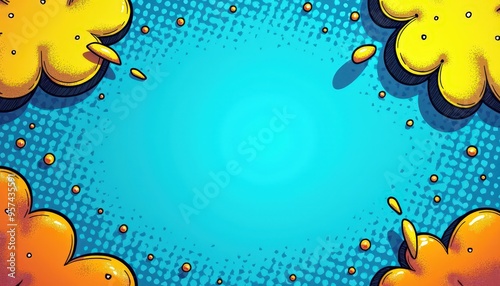 Vibrant comic-style background with yellow and orange speech bubbles on a blue dotted backdrop.