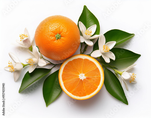 Vibrant Top View of Flowering Orange Tree Branches with Sliced Fruit