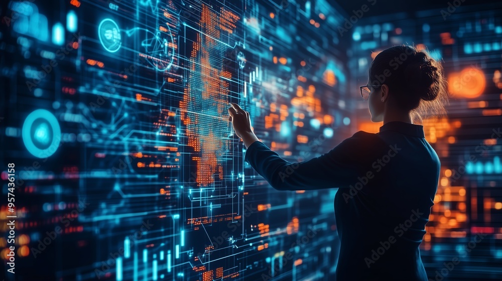 A woman interacts with a futuristic digital interface showcasing data visualizations and analytics in a tech environment A woman interacts with a futuristic digital interface showcasing data visualizations and analytics in a tech environment