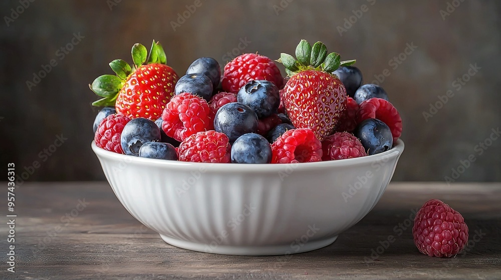 A bowl of mixed berries rests on a nearby table A bowl of mixed berries rests on a nearby table