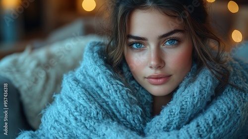 Young woman with bright blue eyes, wrapped in a warm blue knitted blanket, sitting comfortably indoors with soft lighting and bokeh background, peaceful winter evening