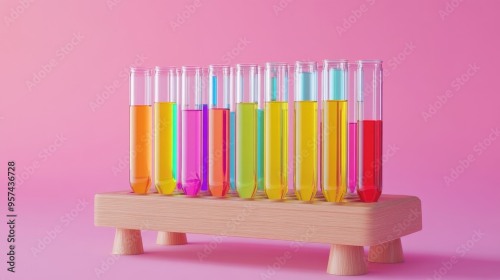 Colorful test tubes filled with samples displayed in a wooden stand against a pink backdrop Colorful test tubes filled with samples displayed in a wooden stand against a pink backdrop