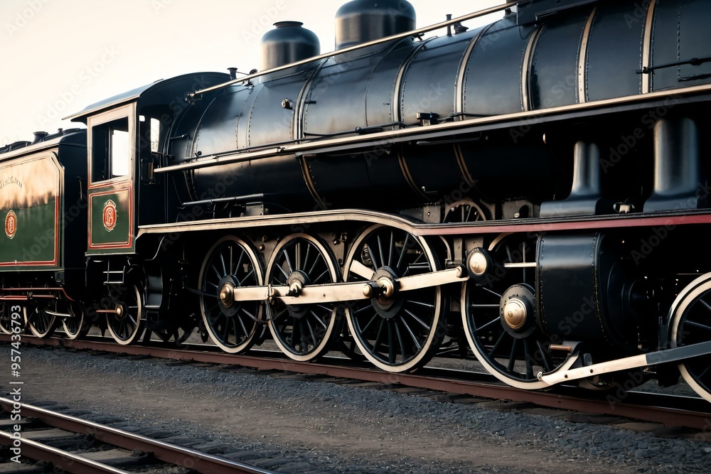 Naklejka premium A black and red train travels down the tracks