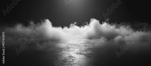 White smoke or fog spreads across the floor creating a thick mist in a dimly lit room against a black backdrop Smoke effects in a studio setting