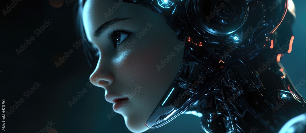 Female robotic face against a dark digital backdrop Conceptual design of artificial intelligence in virtual reality with a close up view of the robot s head Female robotic face against a dark digital backdrop Conceptual design of artificial intelligence in virtual reality with a close up view of the robot s head