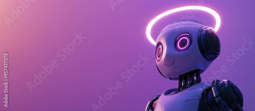 Adorable robot gazing upward with a halo above set against a purple backdrop Concept of technology created through 3D rendering