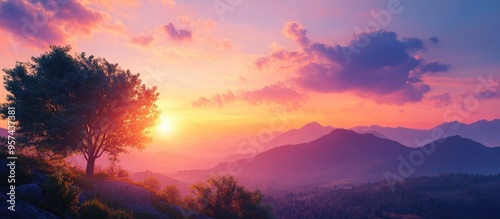 Vibrant sunset over a tranquil landscape with silhouettes of trees and mountains creating a serene and picturesque scene