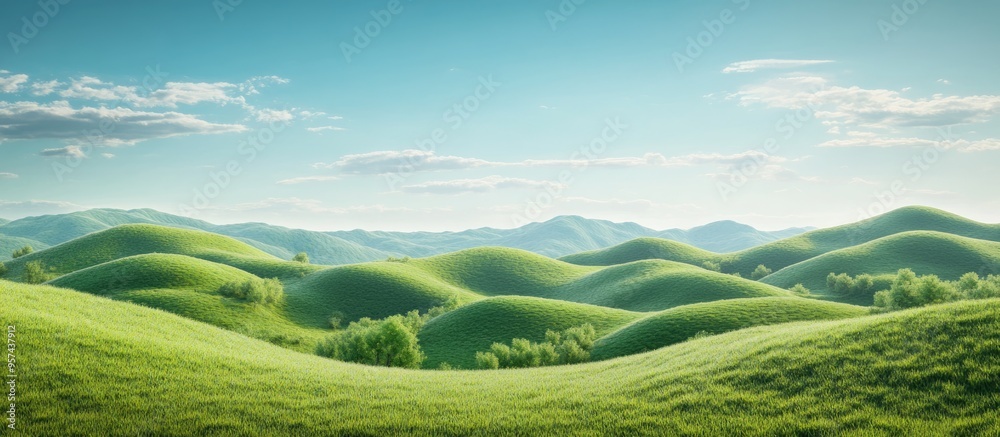 Serene landscape featuring rolling hills and lush greenery under a clear blue sky Perfect for nature themed projects or backgrounds Serene landscape featuring rolling hills and lush greenery under a clear blue sky Perfect for nature themed projects or backgrounds