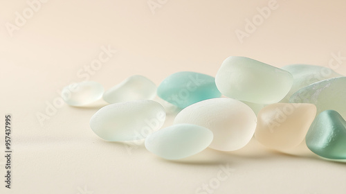 a collection of sea glass in soft hues against an isolated light sand beige background