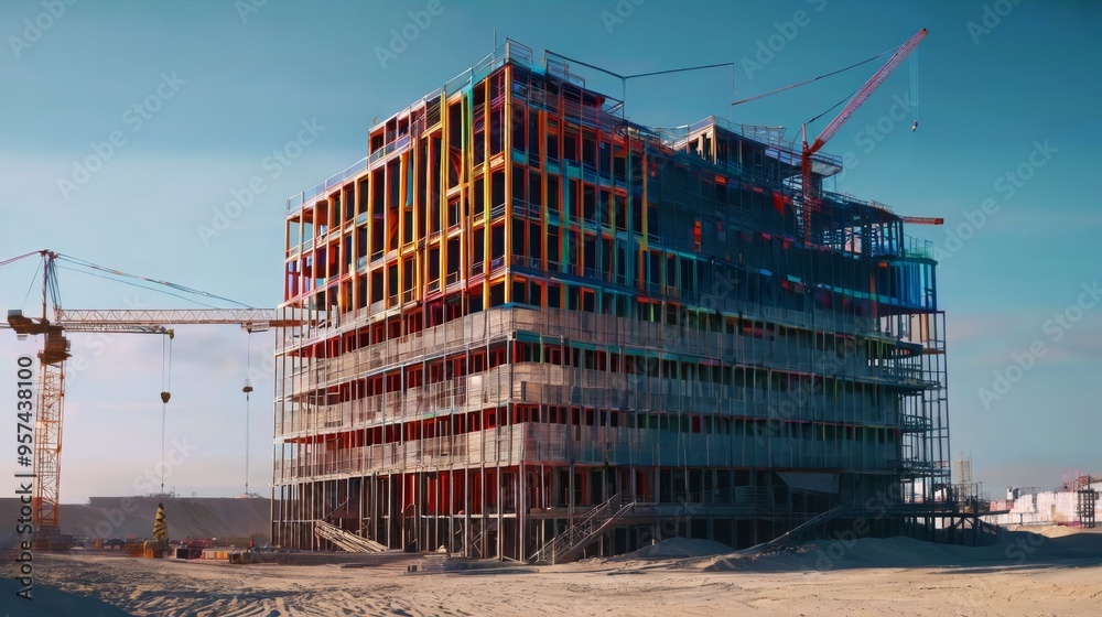 Building Under Construction With Crane in Background