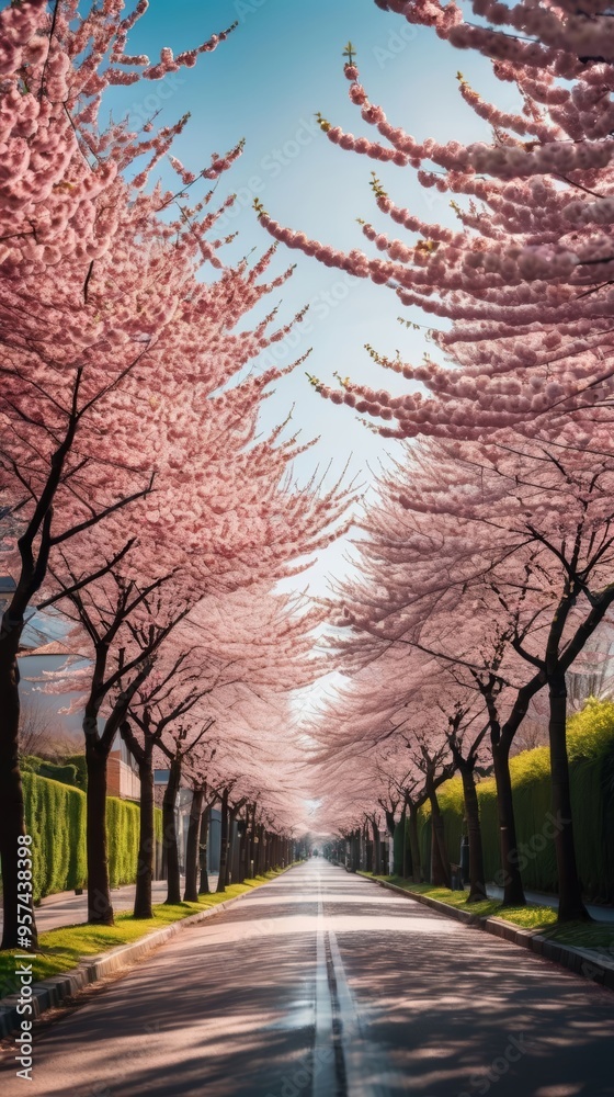 Fototapeta premium Tree-Lined Street With Pink Flowers