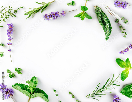 Herb Garden Delight: Rosemary, Mint, Lavender, Marjoram, Sage, Lemon Balm, and Thyme Set in Creative Frame