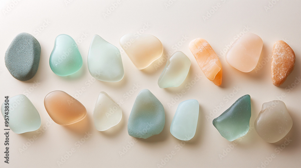 a collection of sea glass in soft hues against an isolated light sand beige background a collection of sea glass in soft hues against an isolated light sand beige background