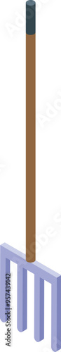 Isometric view of a garden fork with a wooden handle, a tool commonly used for digging, lifting, and aerating soil in gardening and agriculture