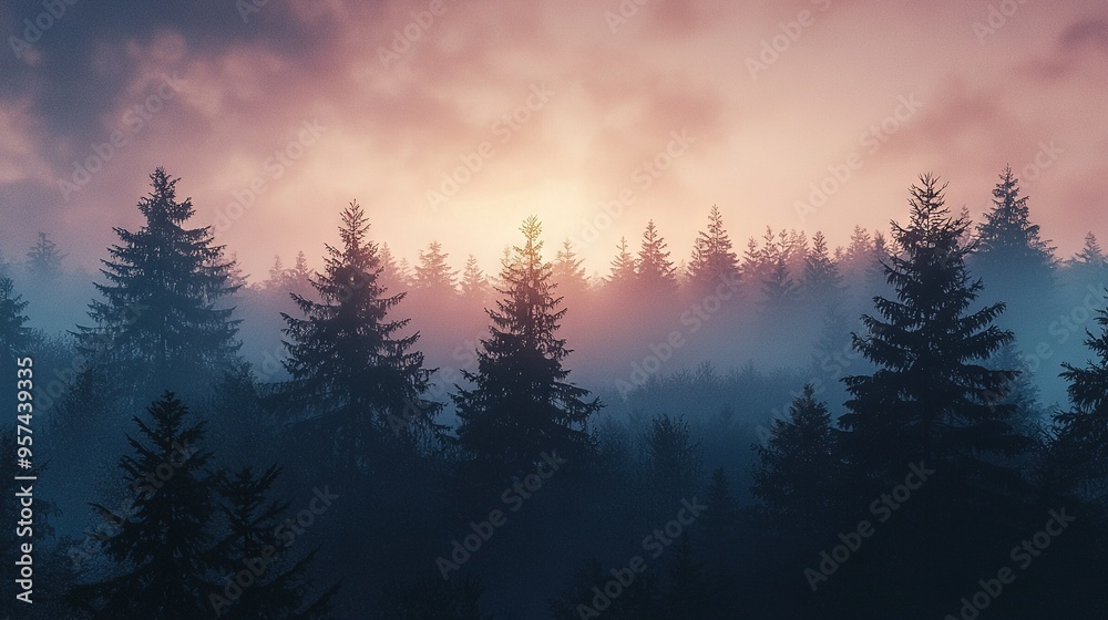 A dense forest with towering pine trees, obscured by a cloudy sky, but with the sun just peeking through A dense forest with towering pine trees, obscured by a cloudy sky, but with the sun just peeking through
