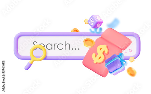 Creative 3D search bar in search of gift coupons, discounts for birthdays, black Friday, New year, birthday. A bright vector illustration of a coupon with a dollar, coins, gifts and confetti.