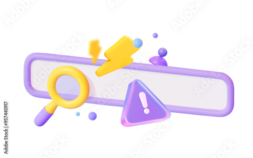 3D Search Bar with Magnifying Glass, Lightning Bolt, and Warning Sign.