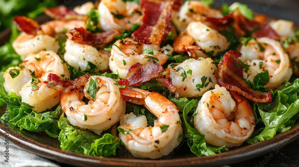 A close-up of a plate featuring shrimp and bacon atop crisp lettuce A close-up of a plate featuring shrimp and bacon atop crisp lettuce