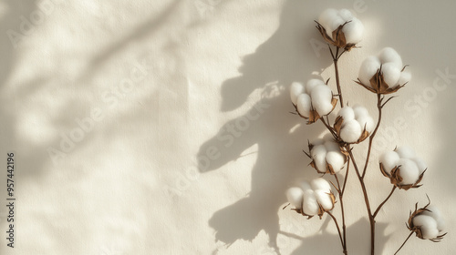 a few cotton bolls on their stems against an isolated soft linen beige background