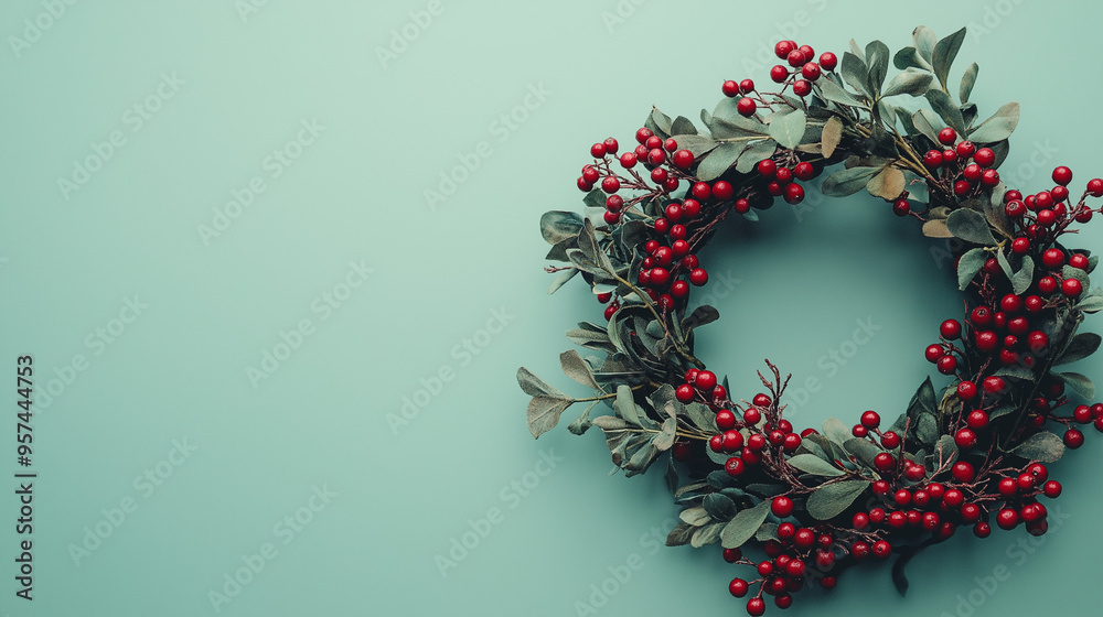 a holiday wreath made of evergreen branches and red berries against an isolated pale mint green background