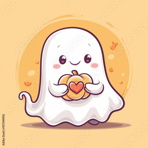 Cute ghost holding pumpkin with heart during Halloween photo