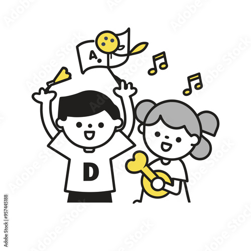 Colorful Childrens Day poster with boy wearing a D shirt and girl playing ukulele. Music notes, yellow flower, and book in the background