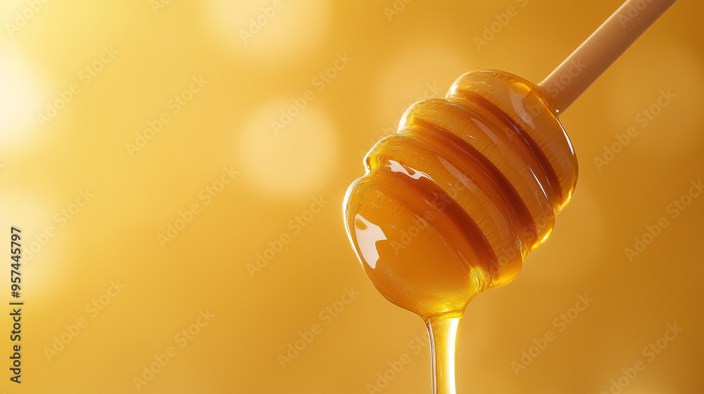 a single honey dipper with dripping honey against an isolated light buttercream background a single honey dipper with dripping honey against an isolated light buttercream background