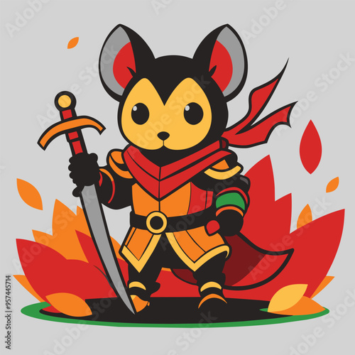 An illustration of a tiny mouse knight, standing bravely with a sword in a ring of fire